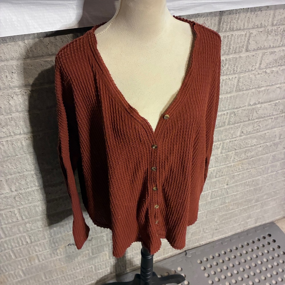 Out‎ From Under Urban Outfitters Rust Orange Waffle Knit Button Henley Top XS/S